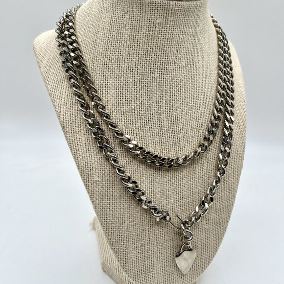 Chunky Curb Chain Necklace Layered Silver Tone Heart Pendant Y2K Streetwear - Picture 6 of 9